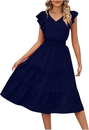 Firzero Womens Summer Dresses Casual Ruffle Cap Short Sleeve Elastic Waist Long Dress V Neck Wedding Guest A Line Maxi Dress