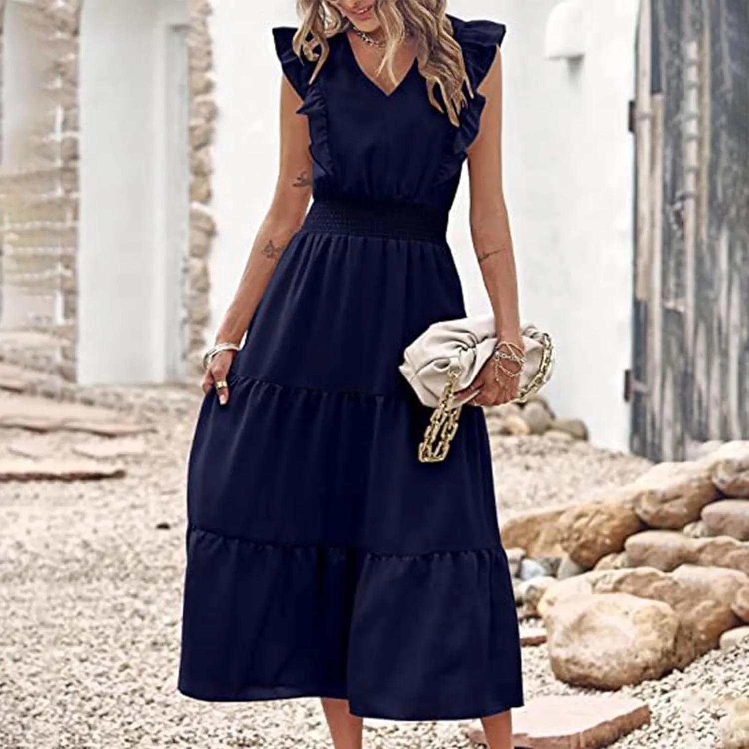 Firzero Womens Summer Dresses Casual Ruffle Cap Short Sleeve Elastic Waist Long Dress V Neck Wedding Guest A Line Maxi Dress