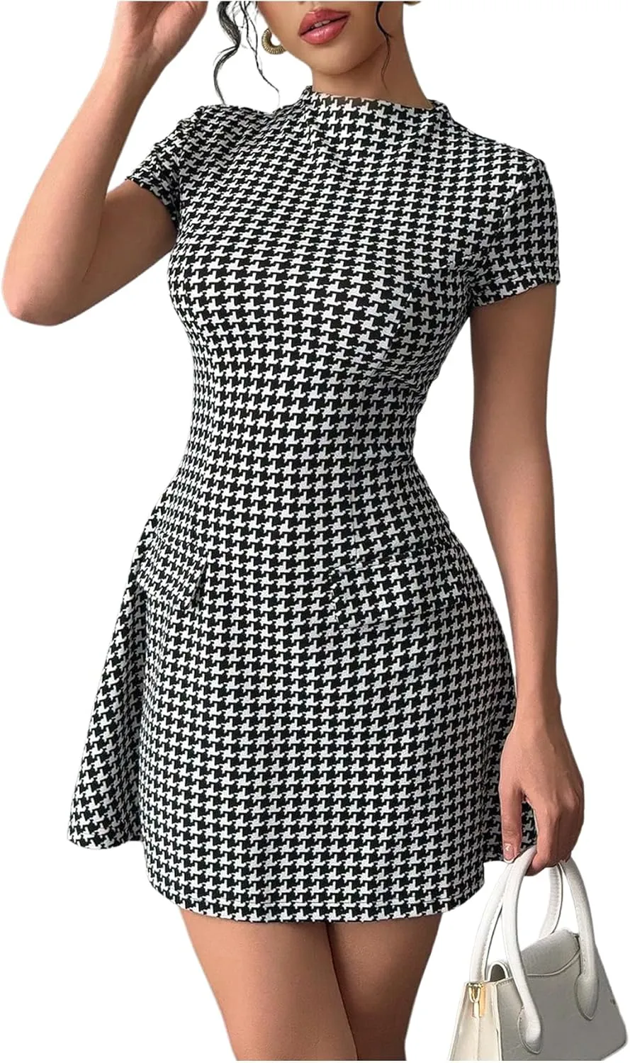 Floerns Women's Houndstooth Print High Neck Mini Dress Short Sleeve Bodycon Dresses