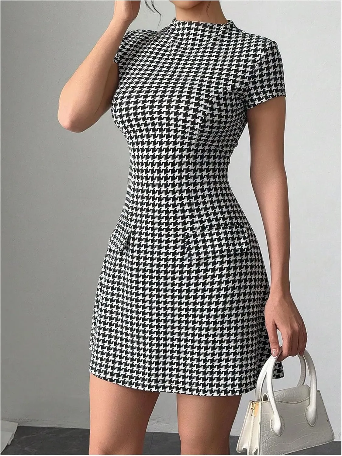 Floerns Women's Houndstooth Print High Neck Mini Dress Short Sleeve Bodycon Dresses