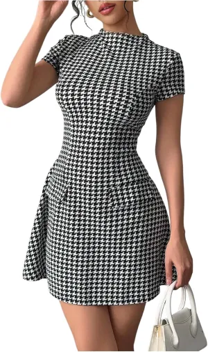 Floerns Women's Houndstooth Print High Neck Mini Dress Short Sleeve Bodycon Dresses
