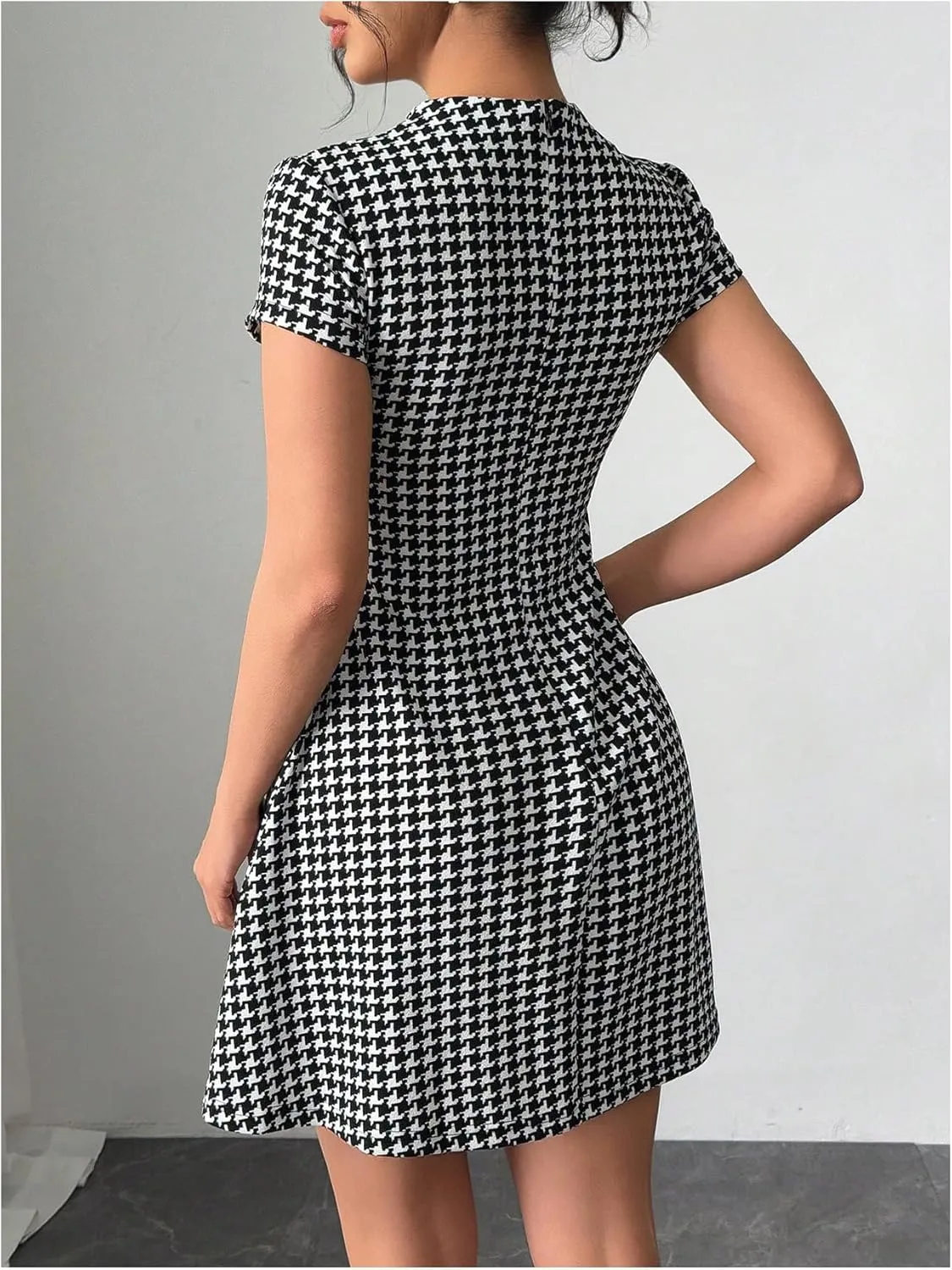 Floerns Women's Houndstooth Print High Neck Mini Dress Short Sleeve Bodycon Dresses