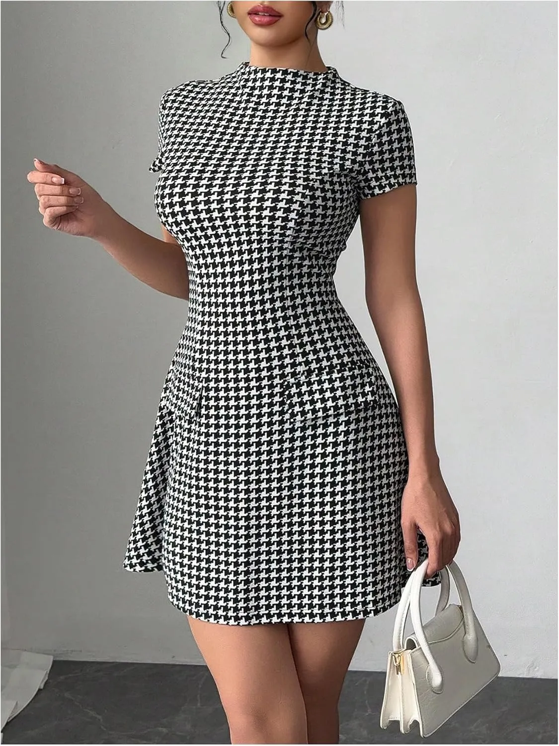 Floerns Women's Houndstooth Print High Neck Mini Dress Short Sleeve Bodycon Dresses