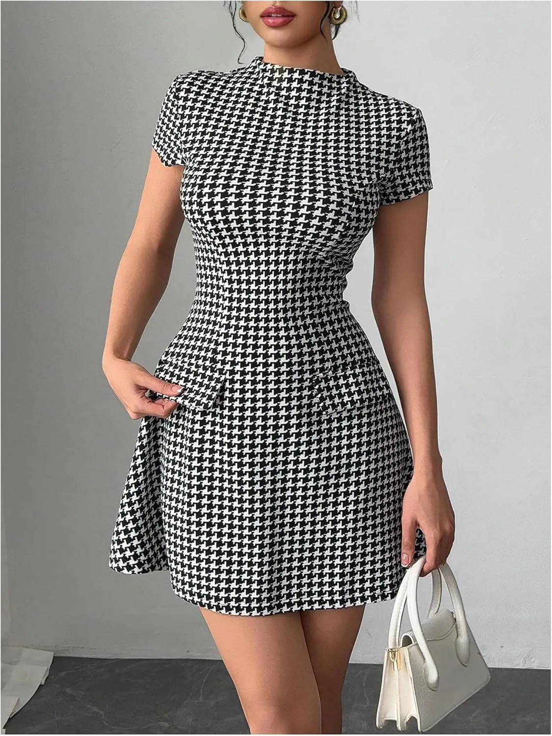 Floerns Women's Houndstooth Print High Neck Mini Dress Short Sleeve Bodycon Dresses