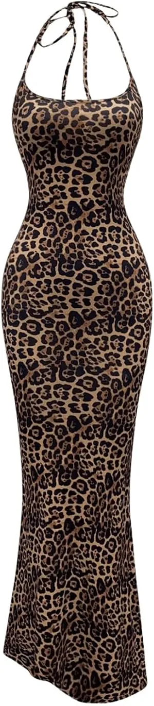 Floerns Women's Leopard Print Sleeveless Halter Dress Club Bodycon Maxi Dresses