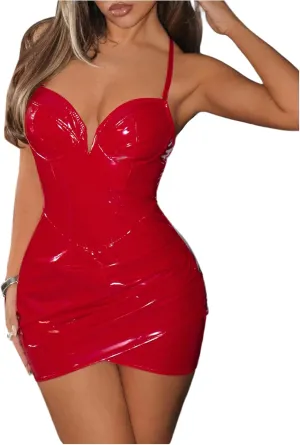 Floerns Women's PU Leather Sleeveless Corset Dress Cross Wrap Bodycon Y2k Mini Dresses