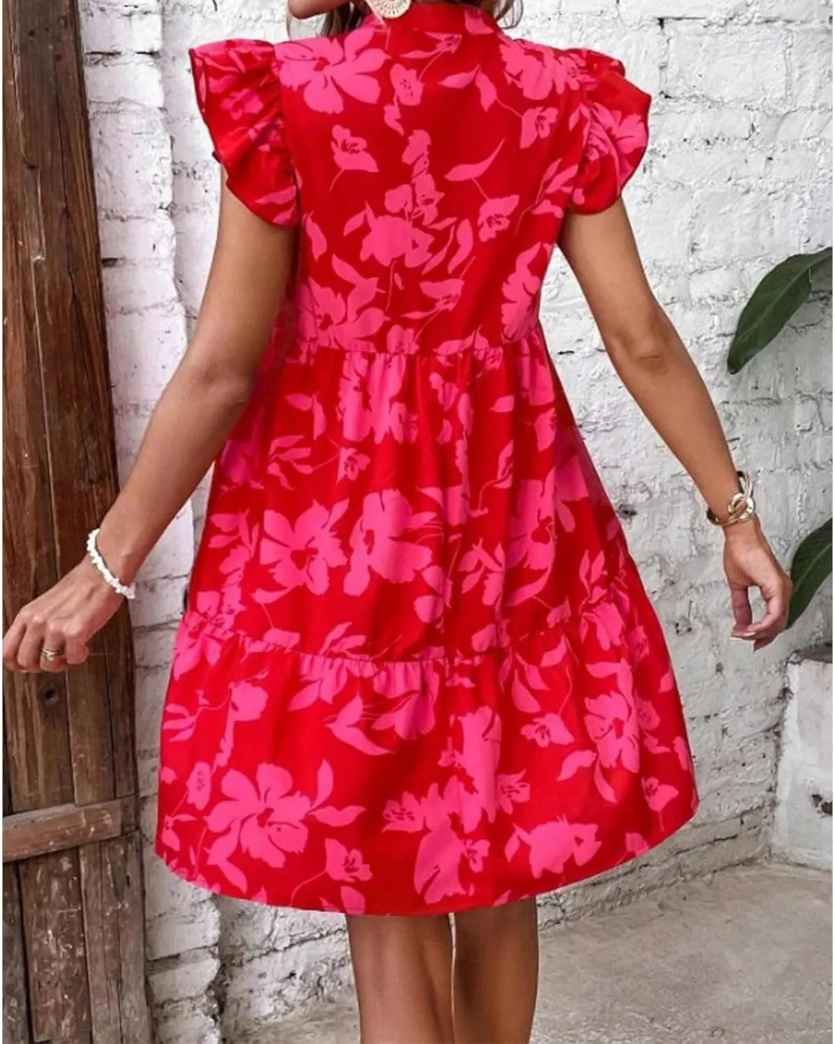 Floral Sundresses for Women 2024 Boho Drawstring V Neck Print Ruffle Sleeves Casual Beach Mini Vacation Sundress