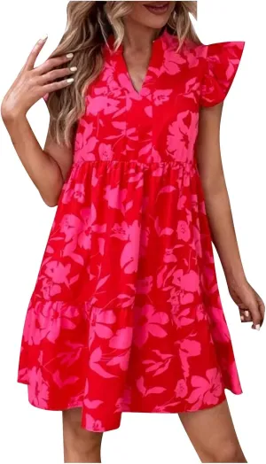 Floral Sundresses for Women 2024 Boho Drawstring V Neck Print Ruffle Sleeves Casual Beach Mini Vacation Sundress