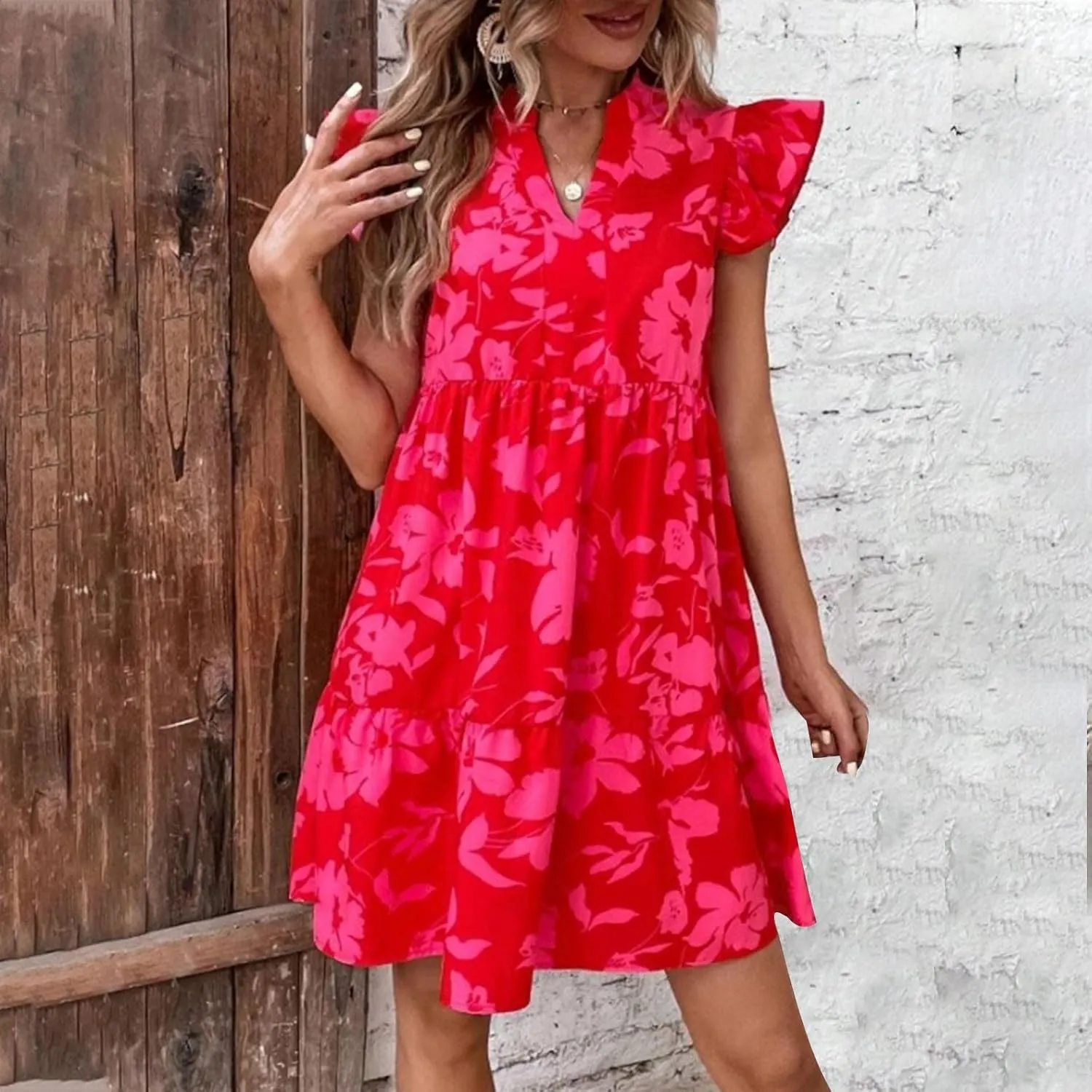 Floral Sundresses for Women 2024 Boho Drawstring V Neck Print Ruffle Sleeves Casual Beach Mini Vacation Sundress