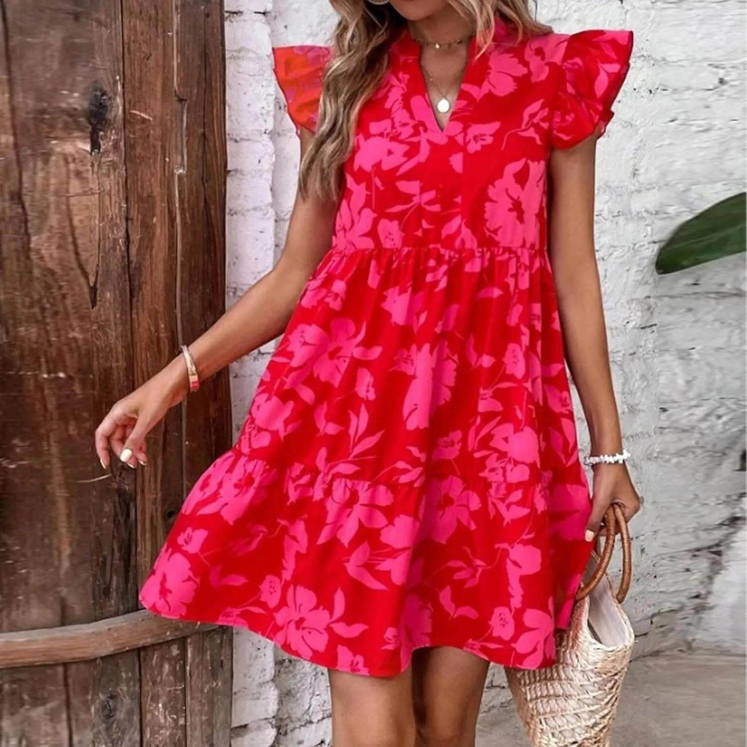Floral Sundresses for Women 2024 Boho Drawstring V Neck Print Ruffle Sleeves Casual Beach Mini Vacation Sundress