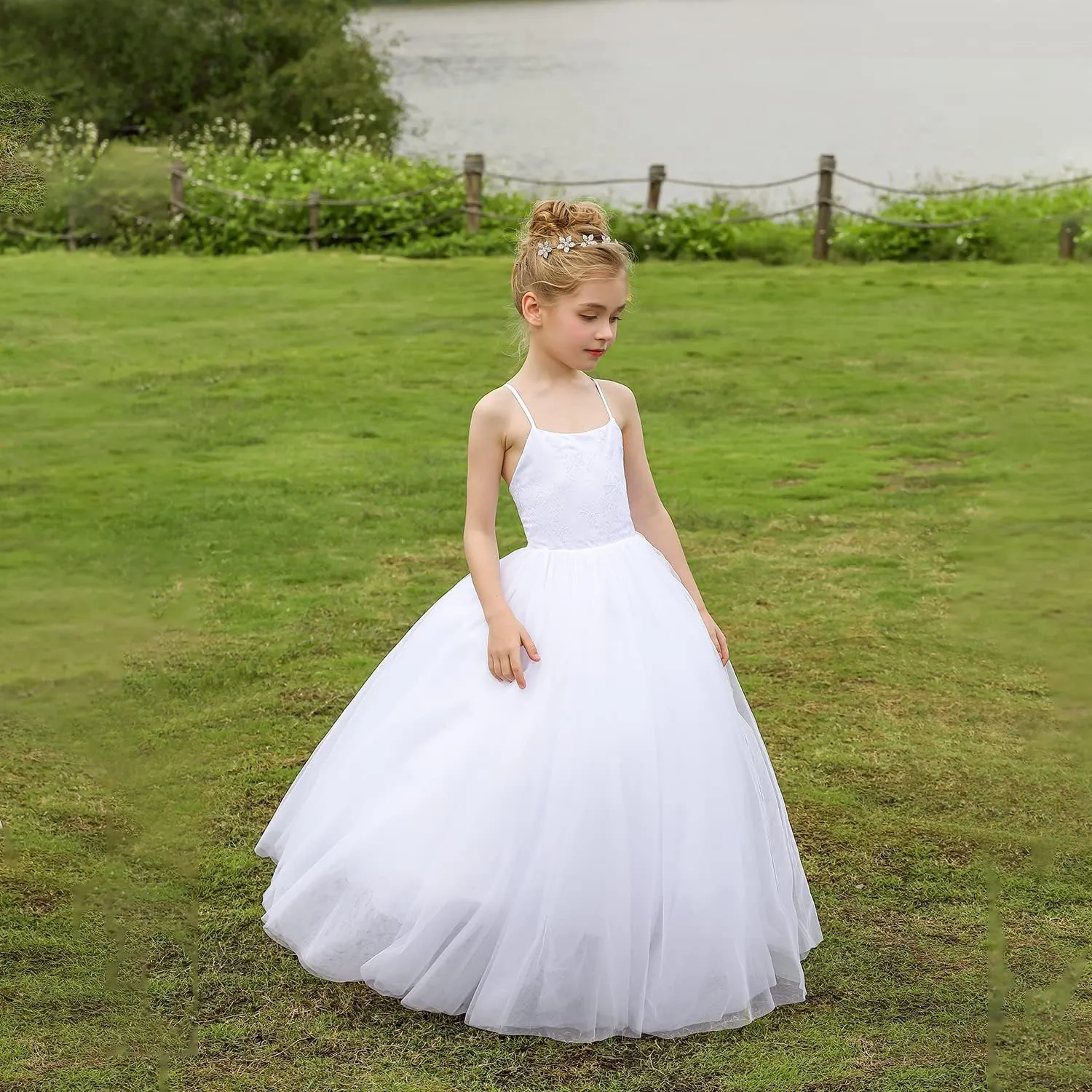 Flower Girl Dress Crossed Straps Lace Wedding Dresses Party Bridesmaid Ball Gown