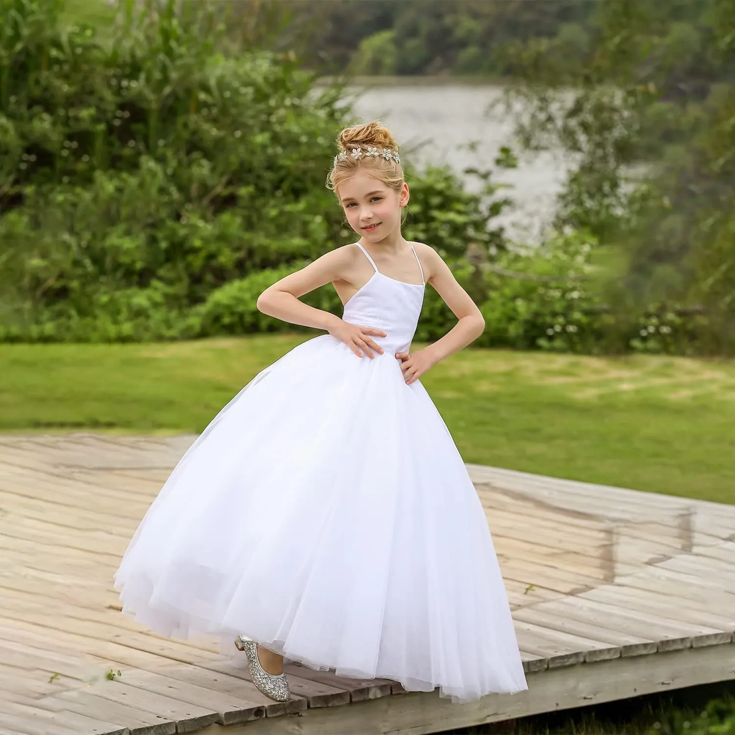 Flower Girl Dress Crossed Straps Lace Wedding Dresses Party Bridesmaid Ball Gown
