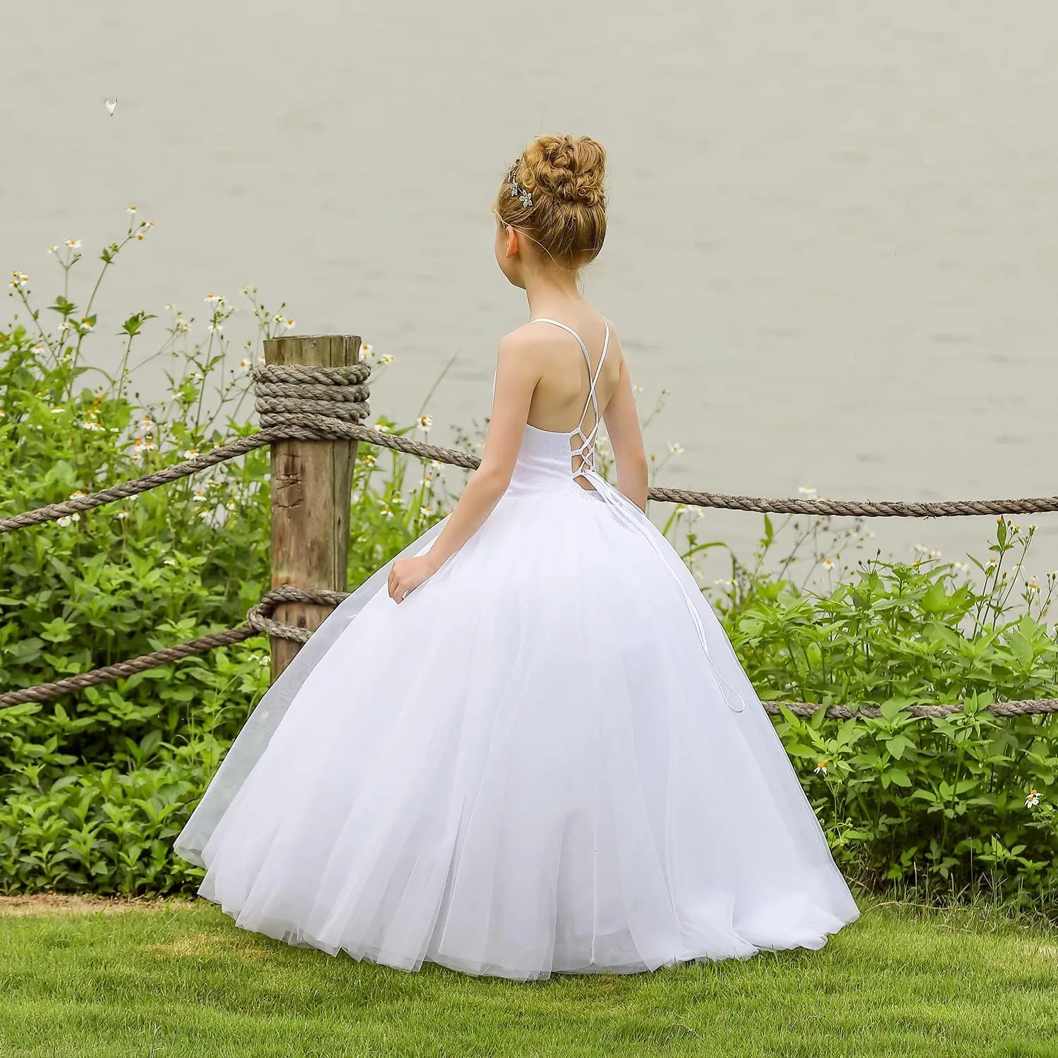 Flower Girl Dress Crossed Straps Lace Wedding Dresses Party Bridesmaid Ball Gown