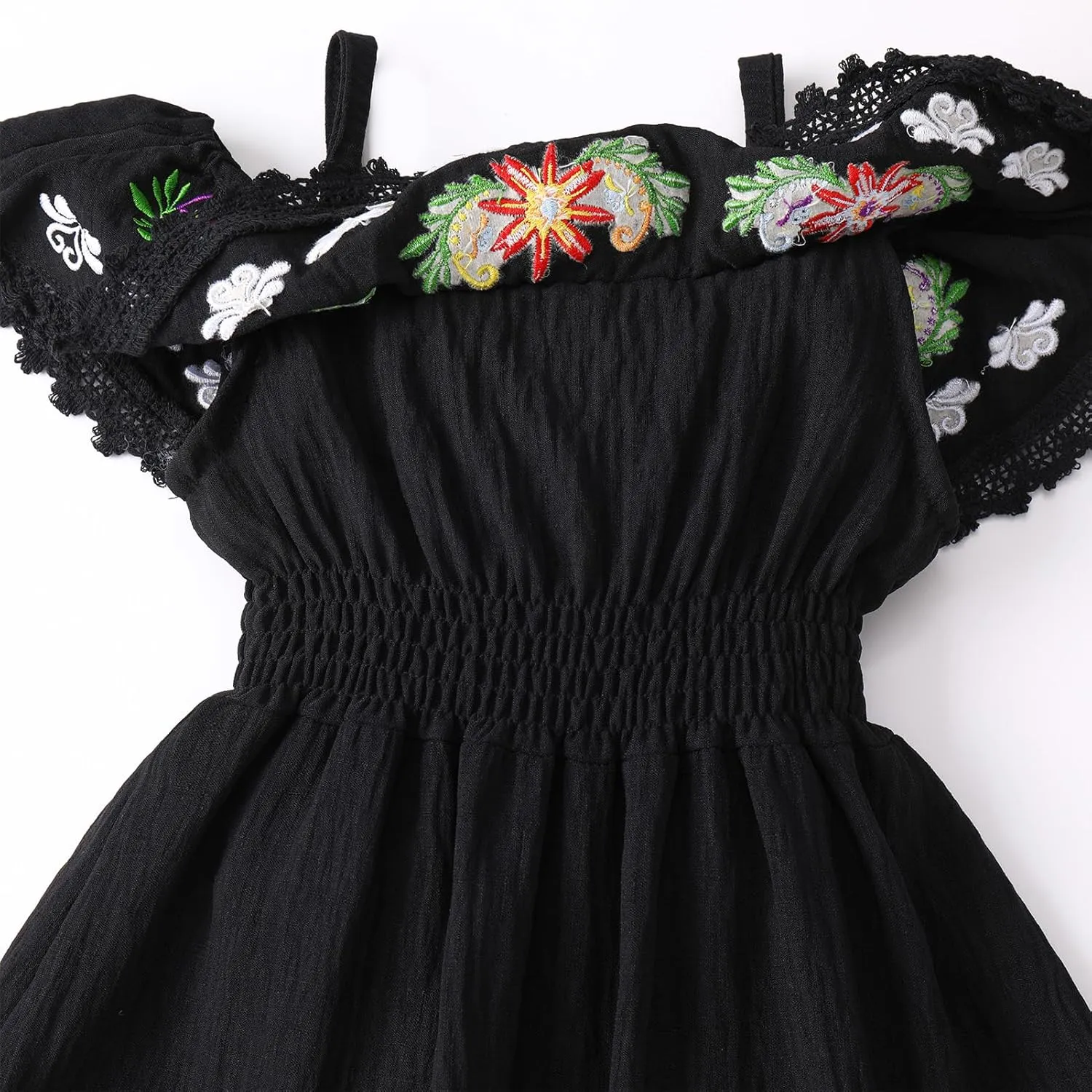FYMNSI Mexican Dress for Girls Toddler Baby Cinco De Mayo Fiesta Mexican Off Shoulder Floral Embroidered Drape Casual Dress