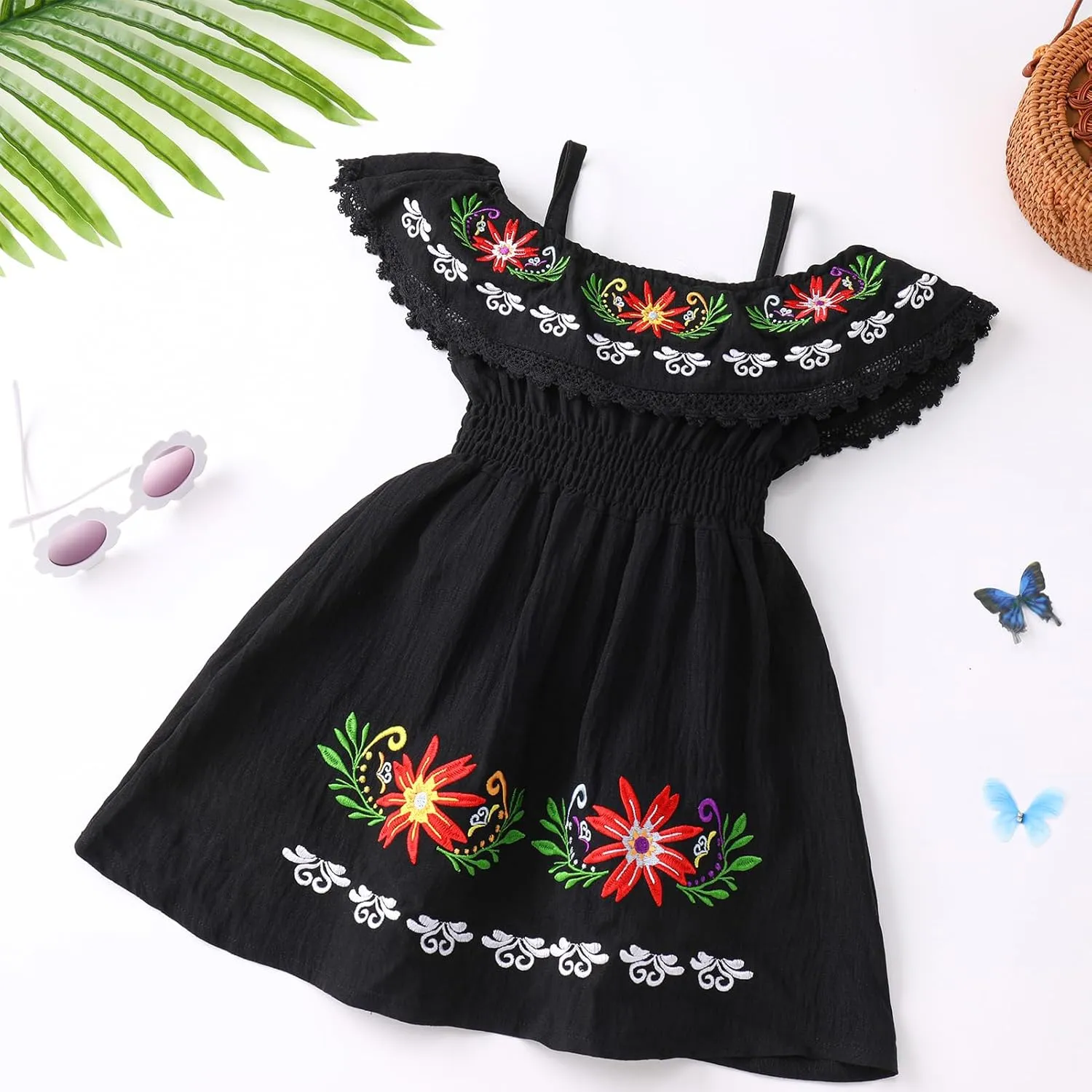 FYMNSI Mexican Dress for Girls Toddler Baby Cinco De Mayo Fiesta Mexican Off Shoulder Floral Embroidered Drape Casual Dress