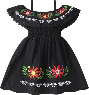 FYMNSI Mexican Dress for Girls Toddler Baby Cinco De Mayo Fiesta Mexican Off Shoulder Floral Embroidered Drape Casual Dress