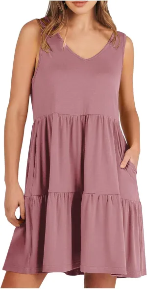 FZYLQY Sleeveless Tiered Babydoll Dress for Women V Neck Ruffle Loose Fit Casual Summer Mini Dress with Side Pockets Cute