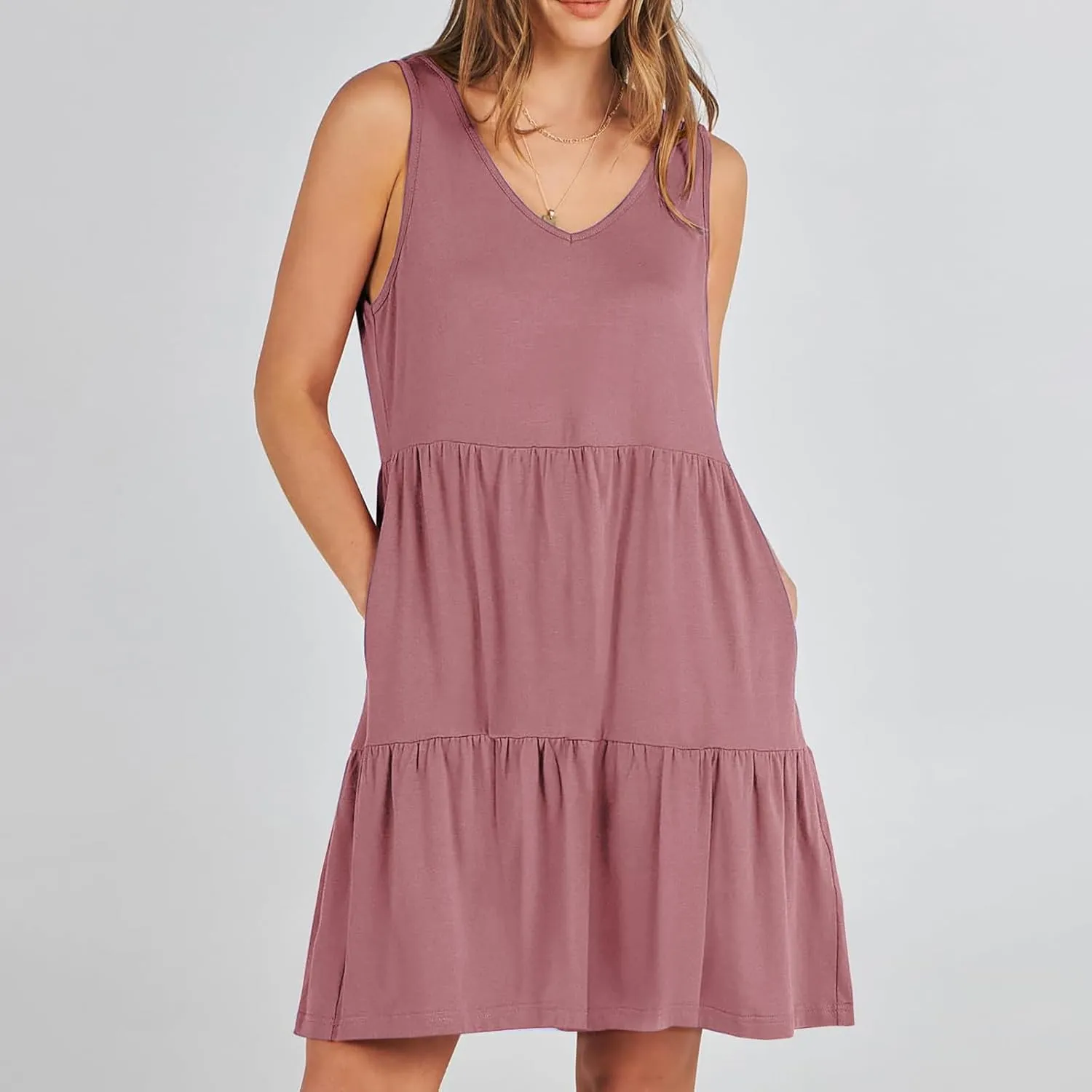 FZYLQY Sleeveless Tiered Babydoll Dress for Women V Neck Ruffle Loose Fit Casual Summer Mini Dress with Side Pockets Cute