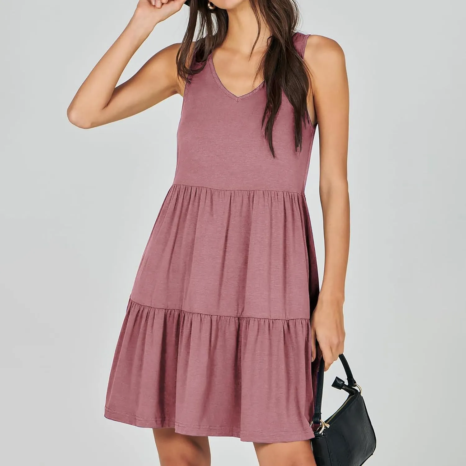 FZYLQY Sleeveless Tiered Babydoll Dress for Women V Neck Ruffle Loose Fit Casual Summer Mini Dress with Side Pockets Cute