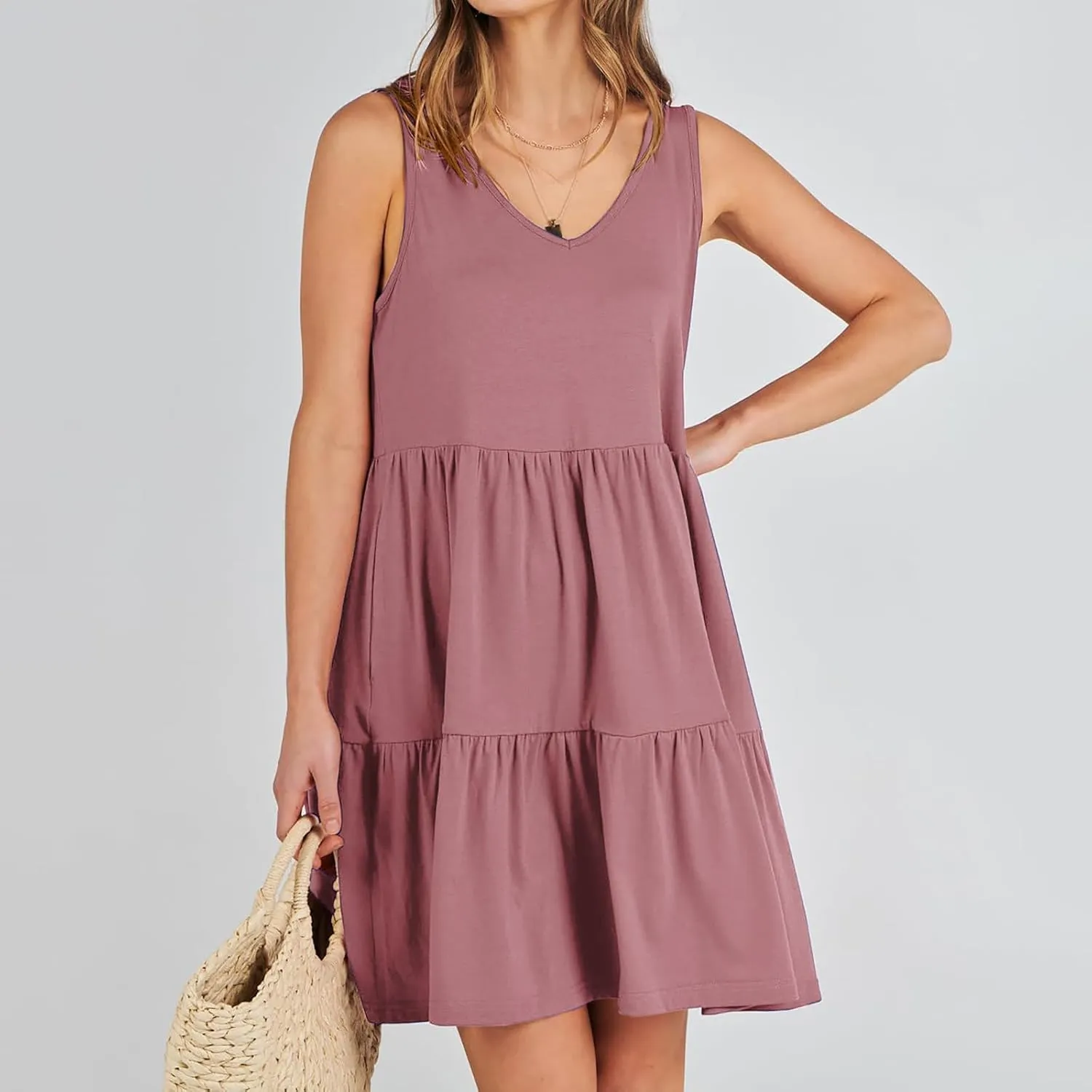 FZYLQY Sleeveless Tiered Babydoll Dress for Women V Neck Ruffle Loose Fit Casual Summer Mini Dress with Side Pockets Cute