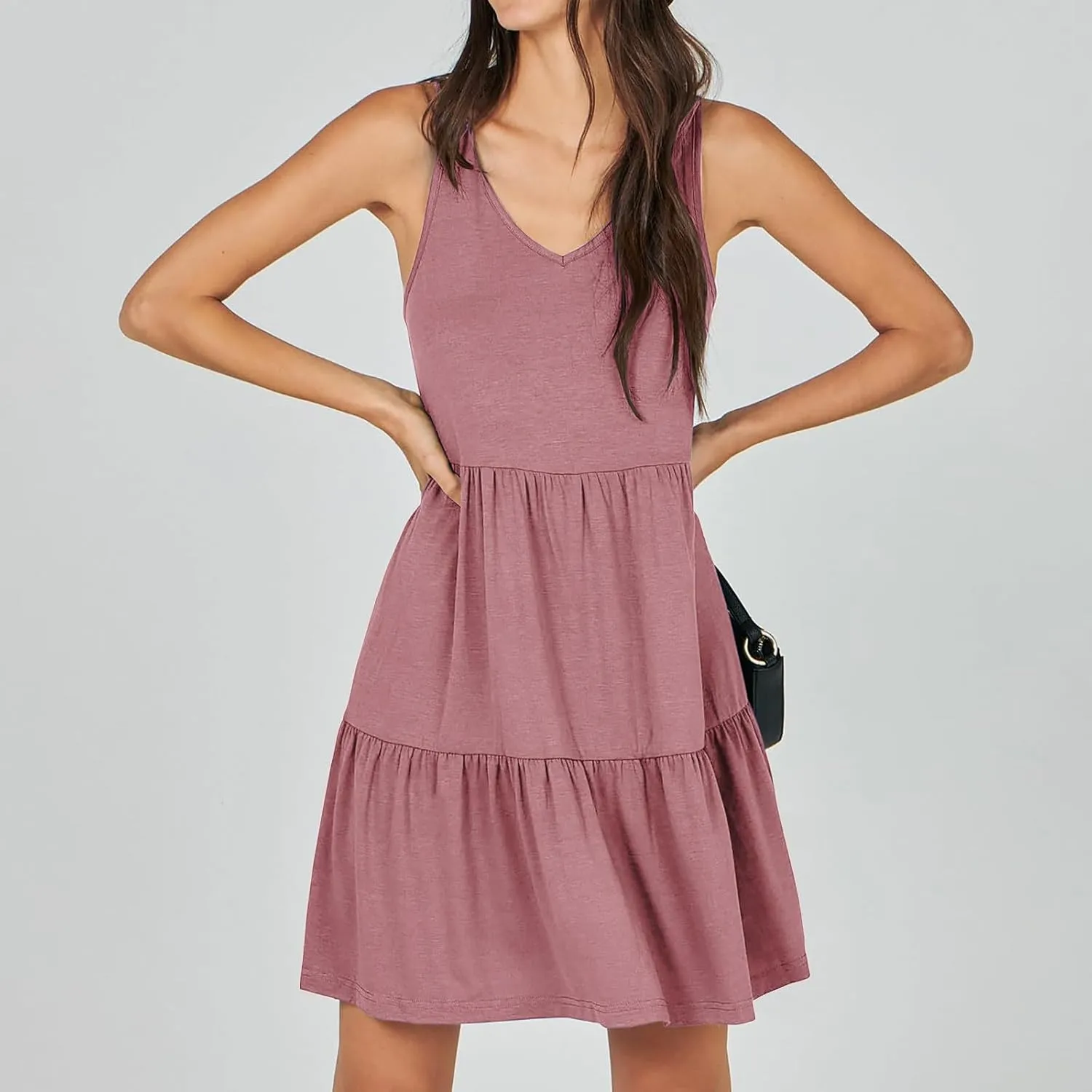 FZYLQY Sleeveless Tiered Babydoll Dress for Women V Neck Ruffle Loose Fit Casual Summer Mini Dress with Side Pockets Cute