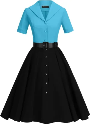 GownTown 1950 Women Dress Midi Shirt Dress Cocktail Dress with Belt
