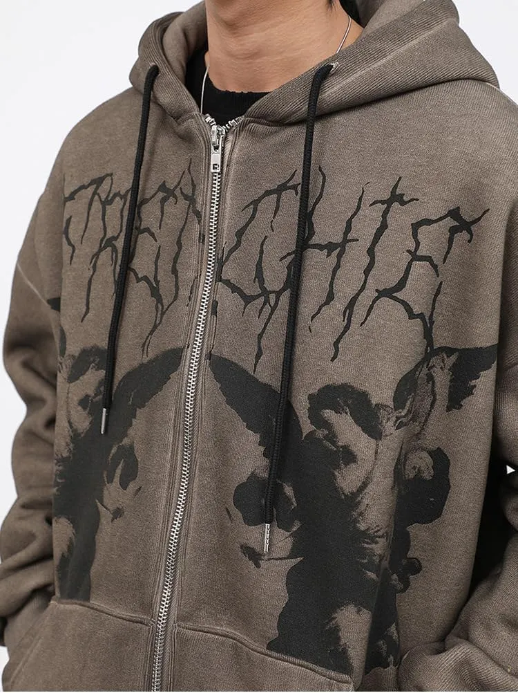 Grunge Acubi Women's Oversized Zip Up Hoodies Goth Y2k Streetwear Emo Alt Outfits Print Graphic Clothes with Pockets