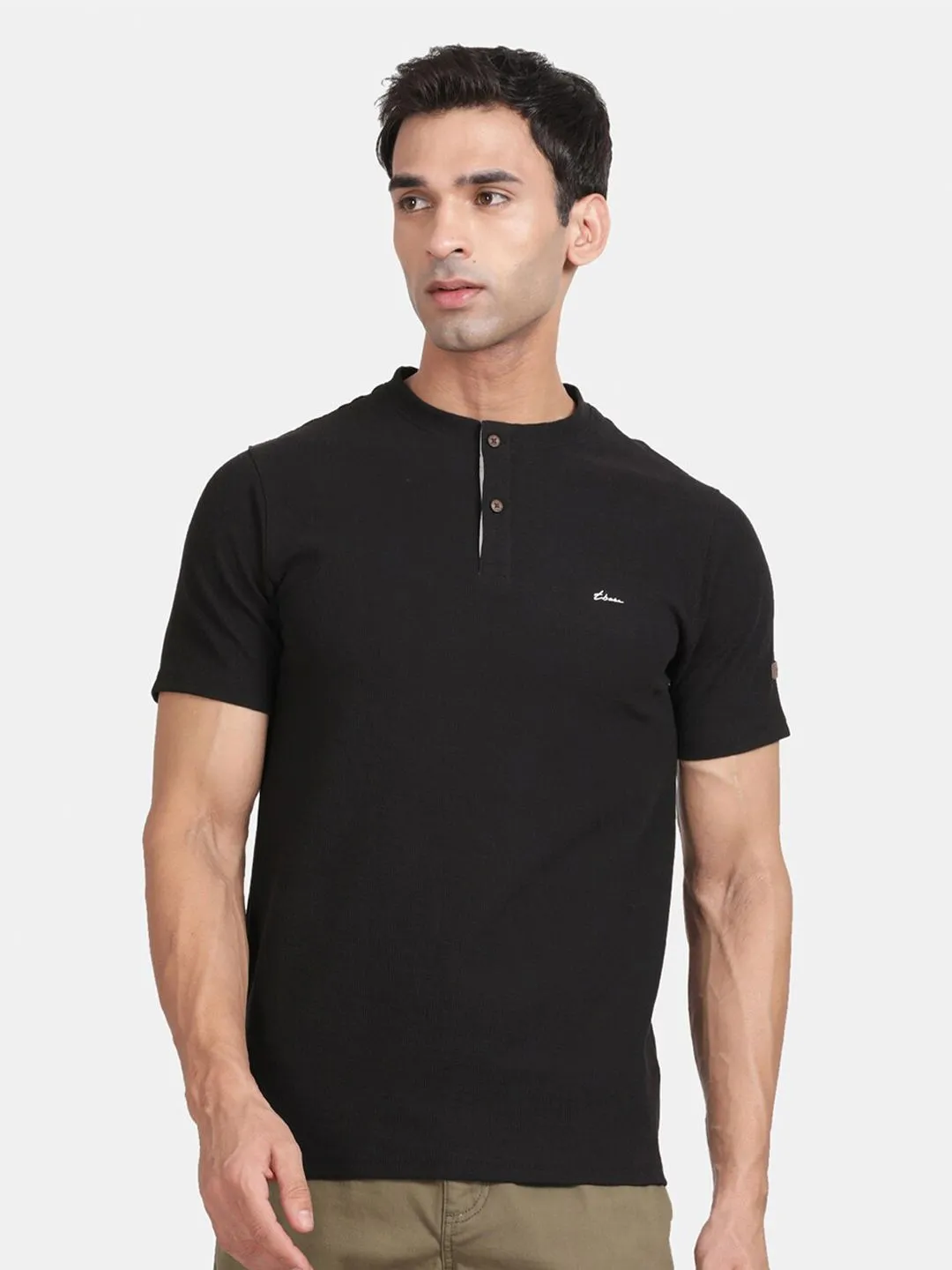 Half Sleeve Black Henley T-Shirt