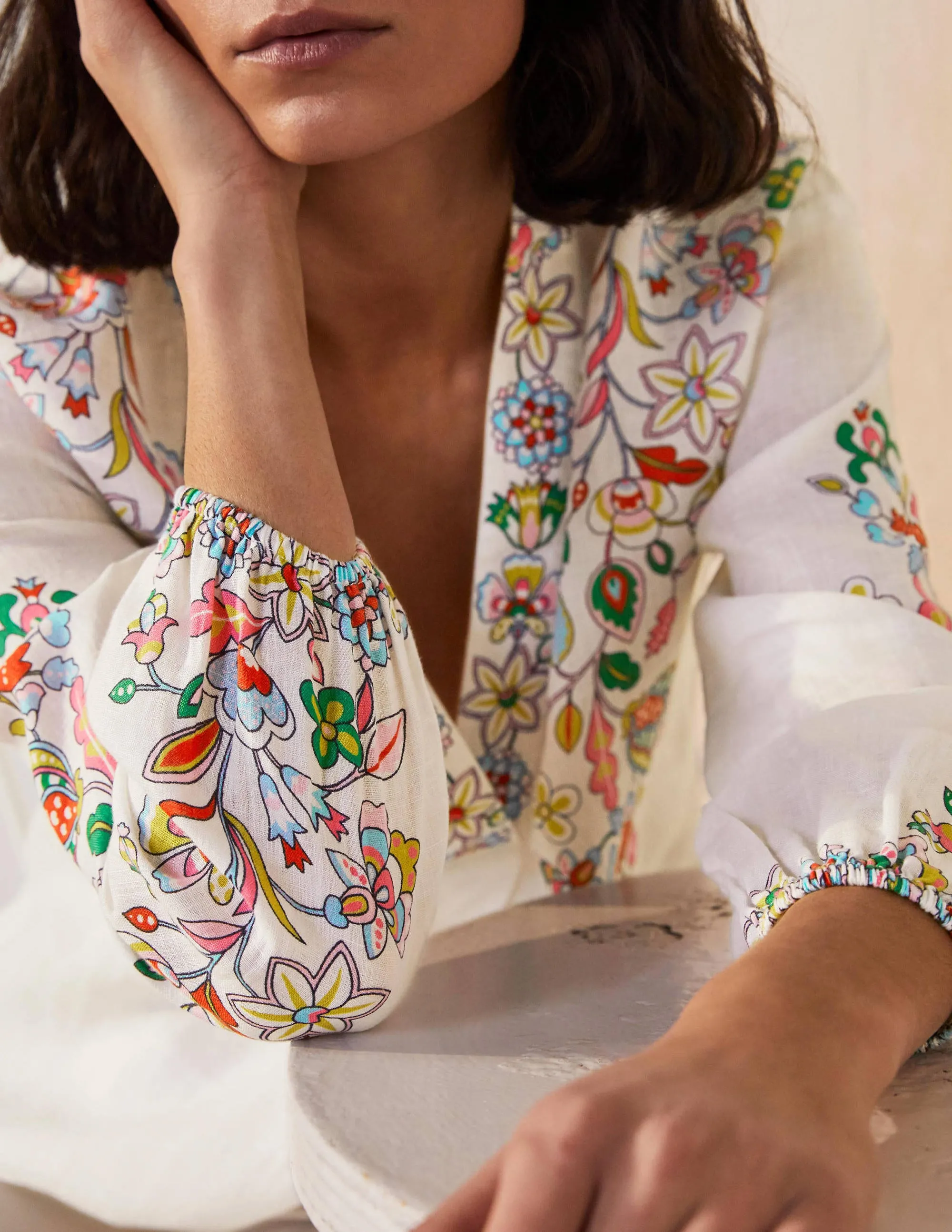 Hannah Linen Shirt-Ivory, Kaleidoscopic Floral
