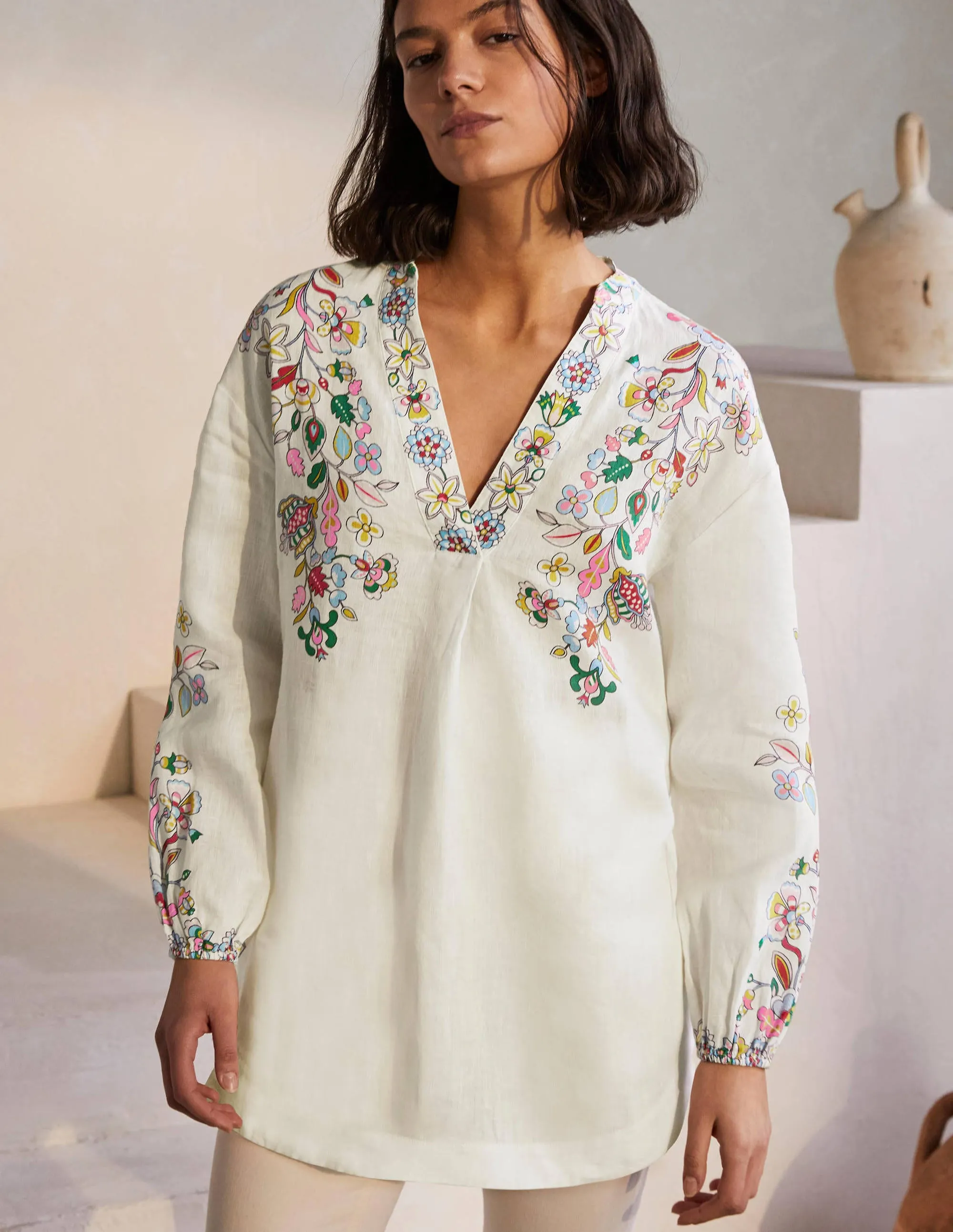 Hannah Linen Shirt-Ivory, Kaleidoscopic Floral