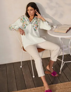 Hannah Linen Shirt-Ivory, Kaleidoscopic Floral