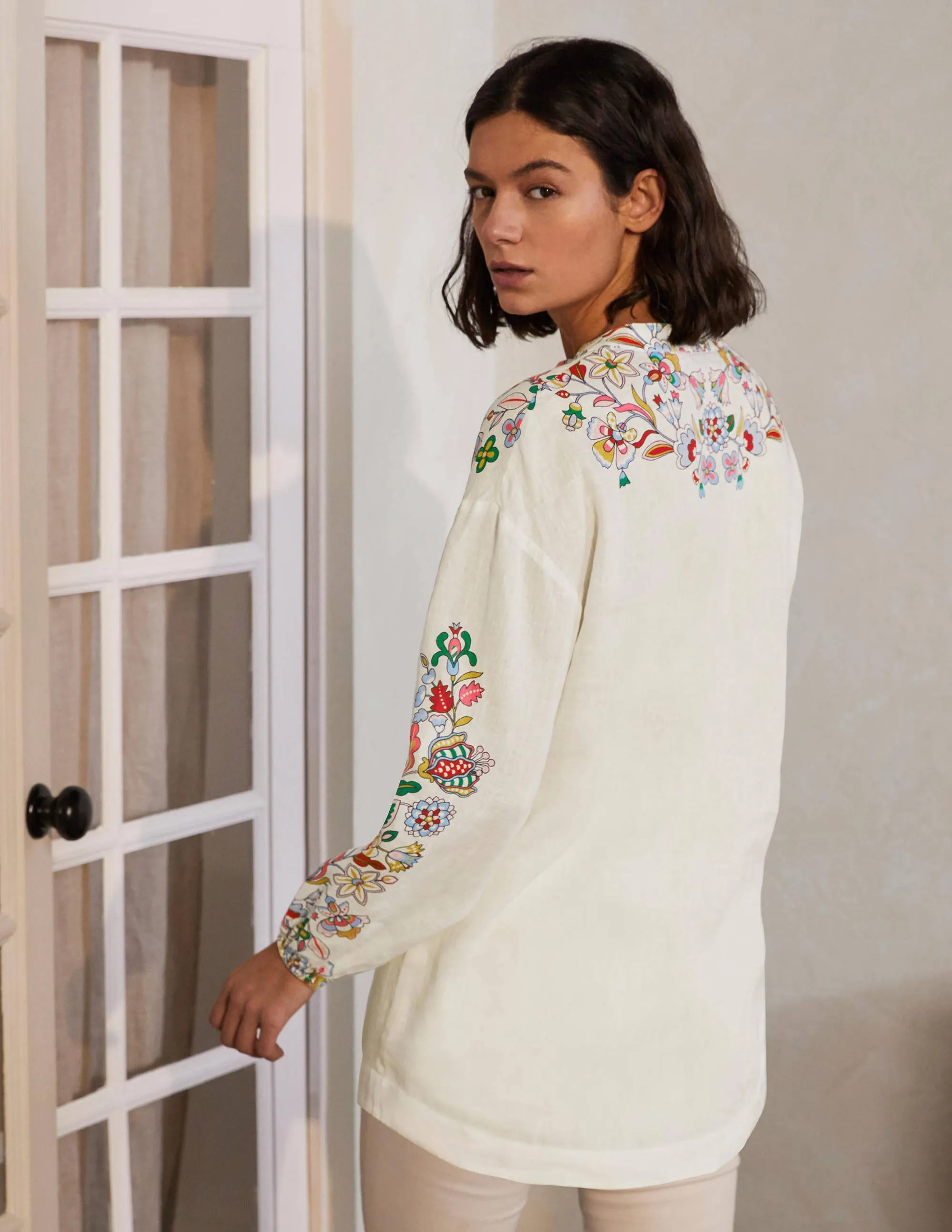 Hannah Linen Shirt-Ivory, Kaleidoscopic Floral