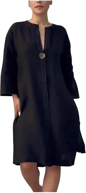 HGps8w Plus Size Cotton Linen Dress for Women 2025 Summer Loose V Neck Vintage 3/4 Sleeve Lightweight Casual Solid Midi Dress