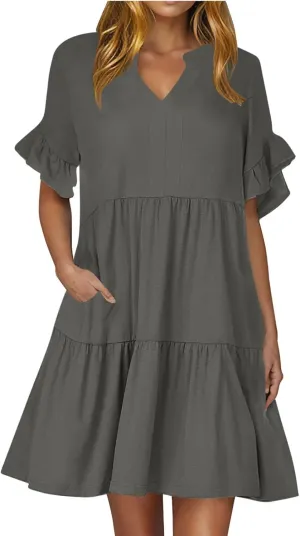 HGps8w Summer Dresses for Women 2025 Ruffle A-Line Mini Dress Loose V Neck Short Sleeve Casual One Piece Skirts with Pocket
