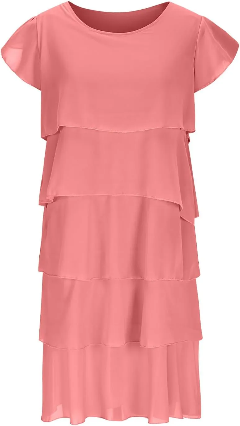 HGps8w Wedding Guest Dresses for Women Plus Size Flowy Chiffon Layered Shawl Formal Party Cocktail Midi Dress