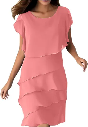 HGps8w Wedding Guest Dresses for Women Plus Size Flowy Chiffon Layered Shawl Formal Party Cocktail Midi Dress