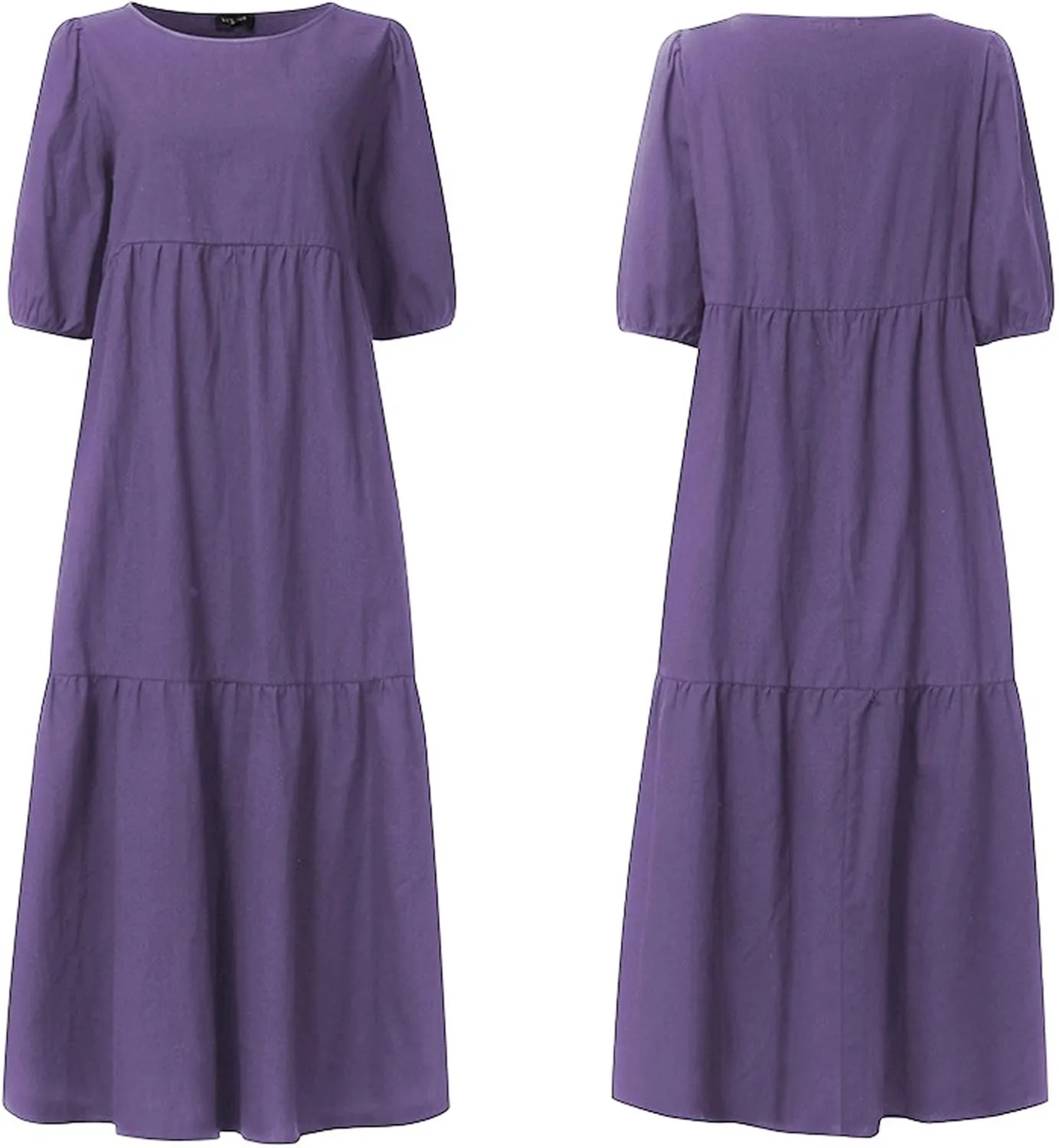 HGps8w Women Loose Boho Dresses 2025 Summer Plus Size Solid Color Puff Short Sleeve Crewneck Cute Midi Sun Dress
