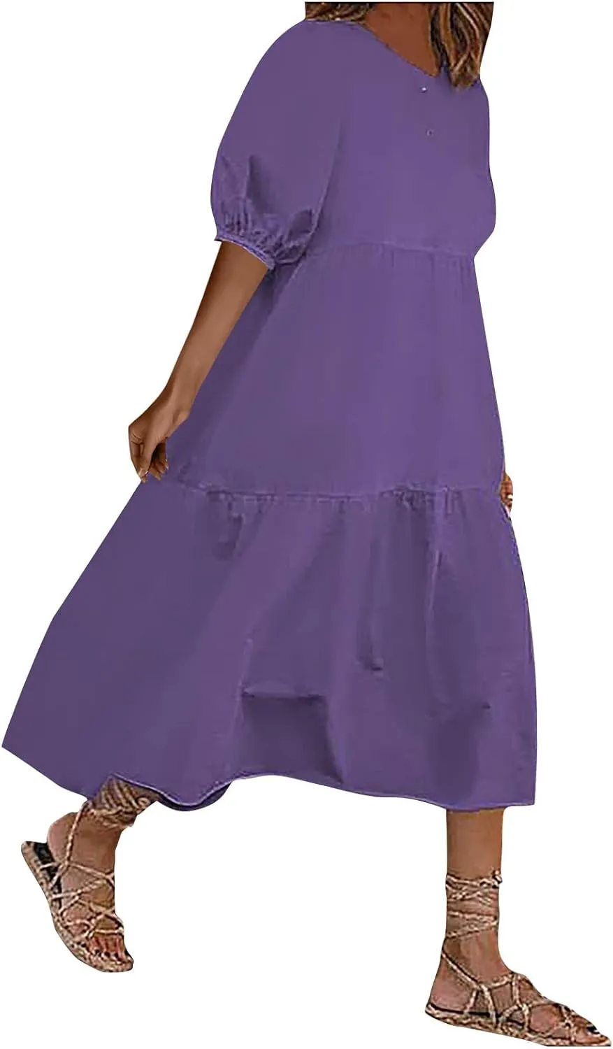 HGps8w Women Loose Boho Dresses 2025 Summer Plus Size Solid Color Puff Short Sleeve Crewneck Cute Midi Sun Dress