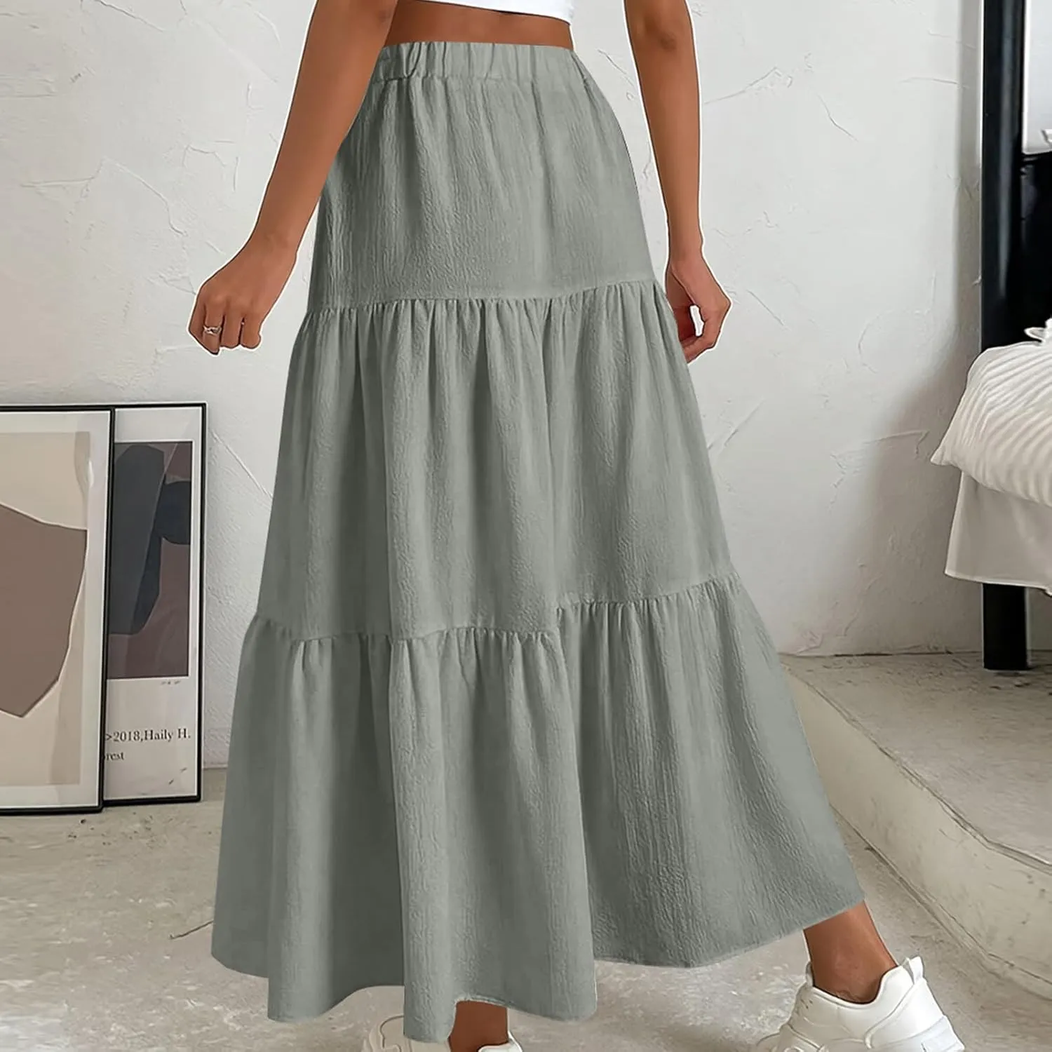 HGps8w Women's Boho Linen Flowy Maxi Skirt, Trendy Casual 2025 Summer Tiered A Line Elastic Waist Pleated Long Beach Skirts