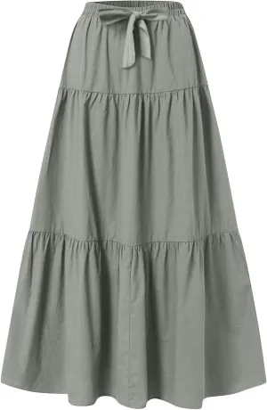 HGps8w Women's Boho Linen Flowy Maxi Skirt, Trendy Casual 2025 Summer Tiered A Line Elastic Waist Pleated Long Beach Skirts