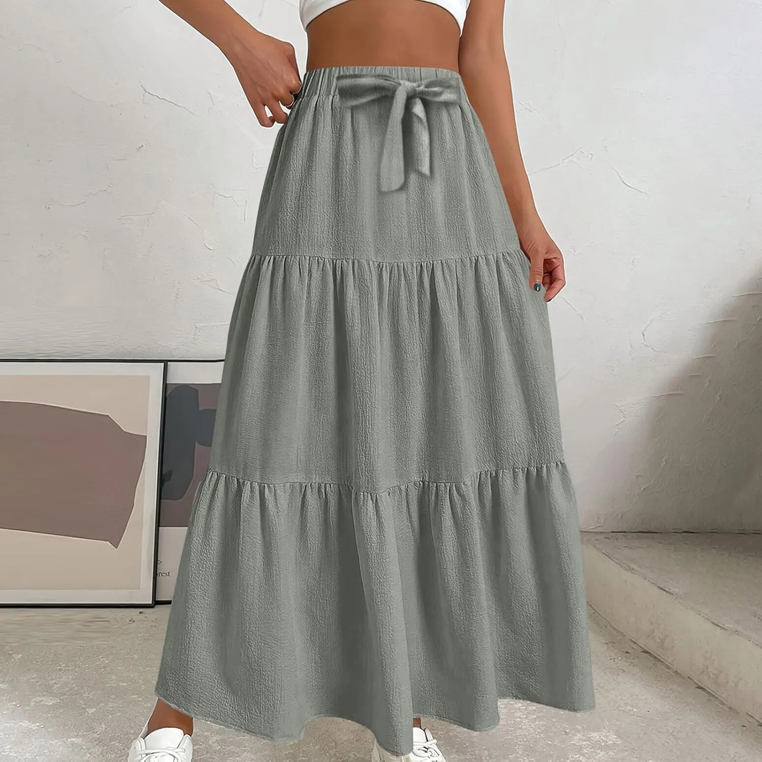 HGps8w Women's Boho Linen Flowy Maxi Skirt, Trendy Casual 2025 Summer Tiered A Line Elastic Waist Pleated Long Beach Skirts