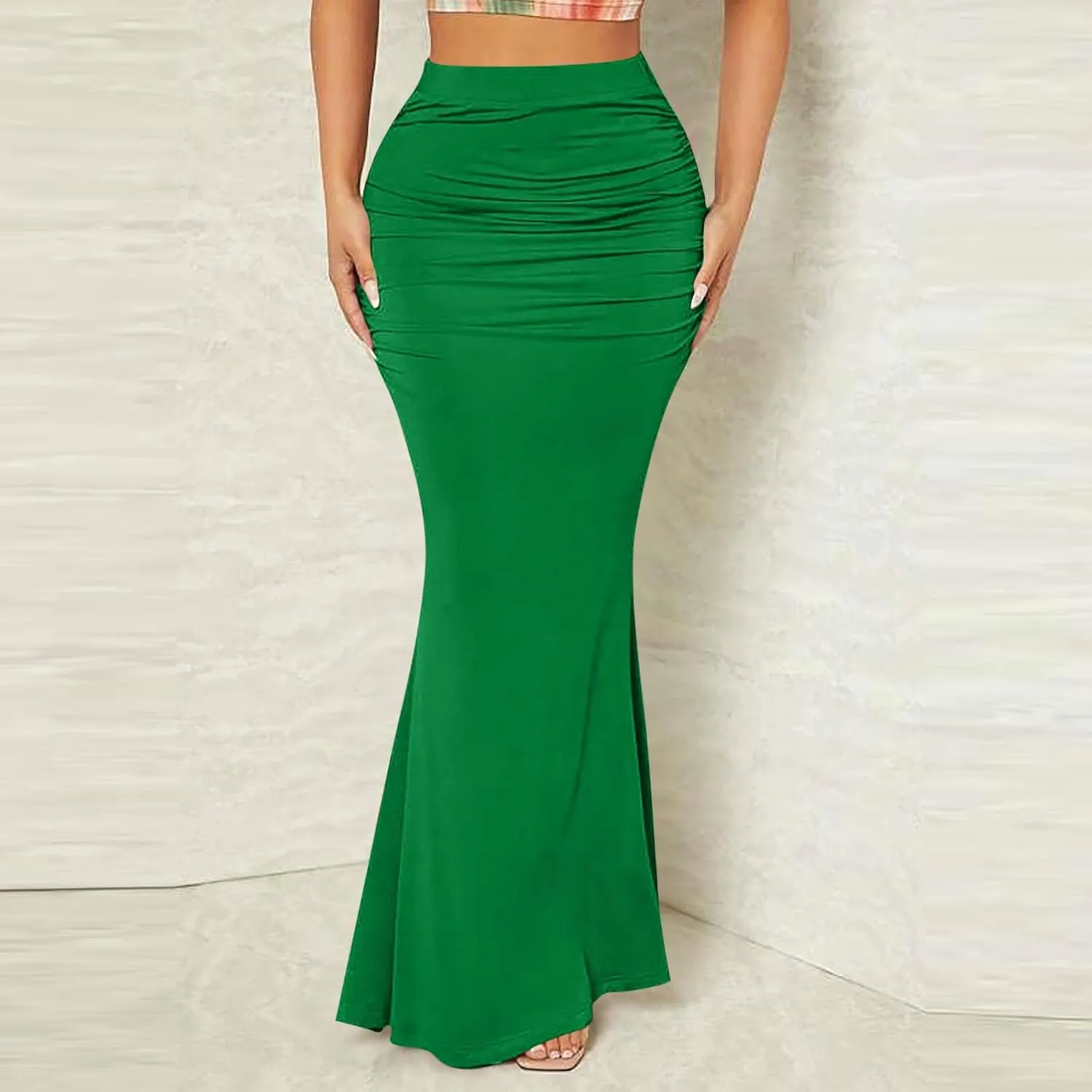 HGps8w Women's Fitted Mermaid Skirt 2025 Summer Sexy Ruched High Waisted Maxi Long Bodycon Going Out Club Skirts