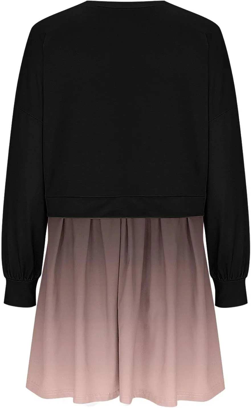 HGps8w Womens Gradient Oversized Sweatshirt Dress Crewneck Cute Patchwork Long Sleeve Pullover Flowy Pleated Mini Dress