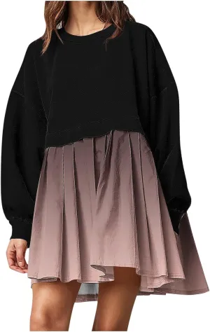 HGps8w Womens Gradient Oversized Sweatshirt Dress Crewneck Cute Patchwork Long Sleeve Pullover Flowy Pleated Mini Dress