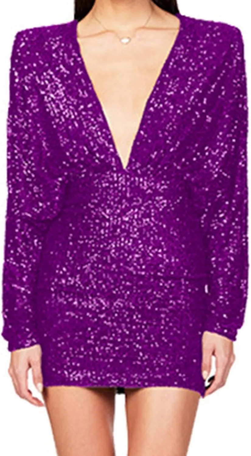 HGps8w Women's Sexy V Neck Batwing Sequin Mini Party Dress Sparkly Glitter Elegant Long Sleeve Bodycon Formal Dresses
