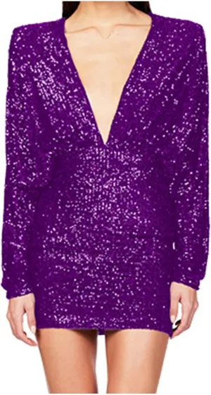 HGps8w Women's Sexy V Neck Batwing Sequin Mini Party Dress Sparkly Glitter Elegant Long Sleeve Bodycon Formal Dresses