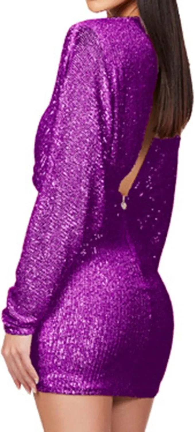 HGps8w Women's Sexy V Neck Batwing Sequin Mini Party Dress Sparkly Glitter Elegant Long Sleeve Bodycon Formal Dresses