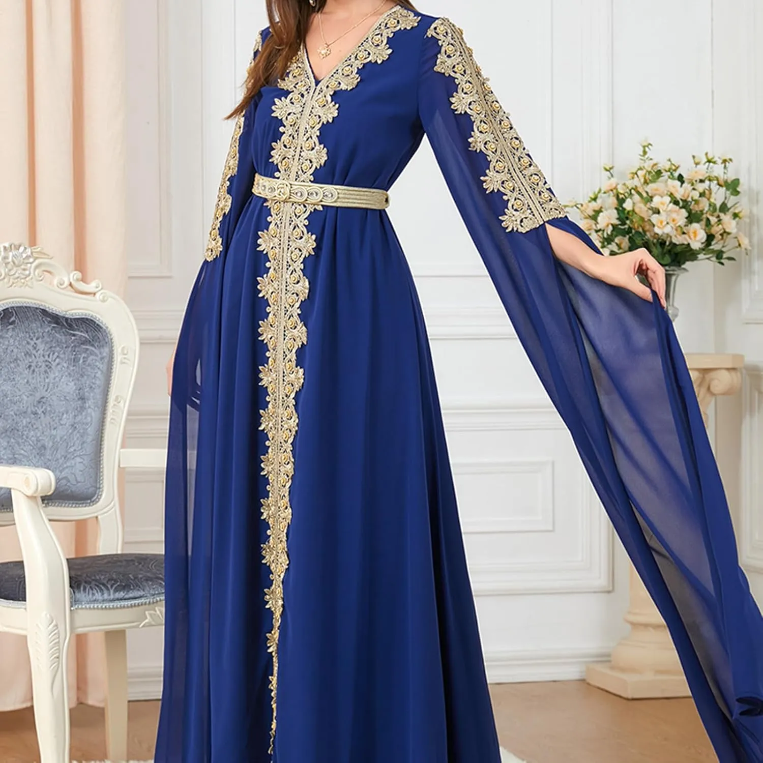 IDOPIP Embroidery Abayas for Women Muslim Moroccan Floral Maxi Kaftan Dress Arabic Islamic Dubai Robe Ramadan Prayer Clothes