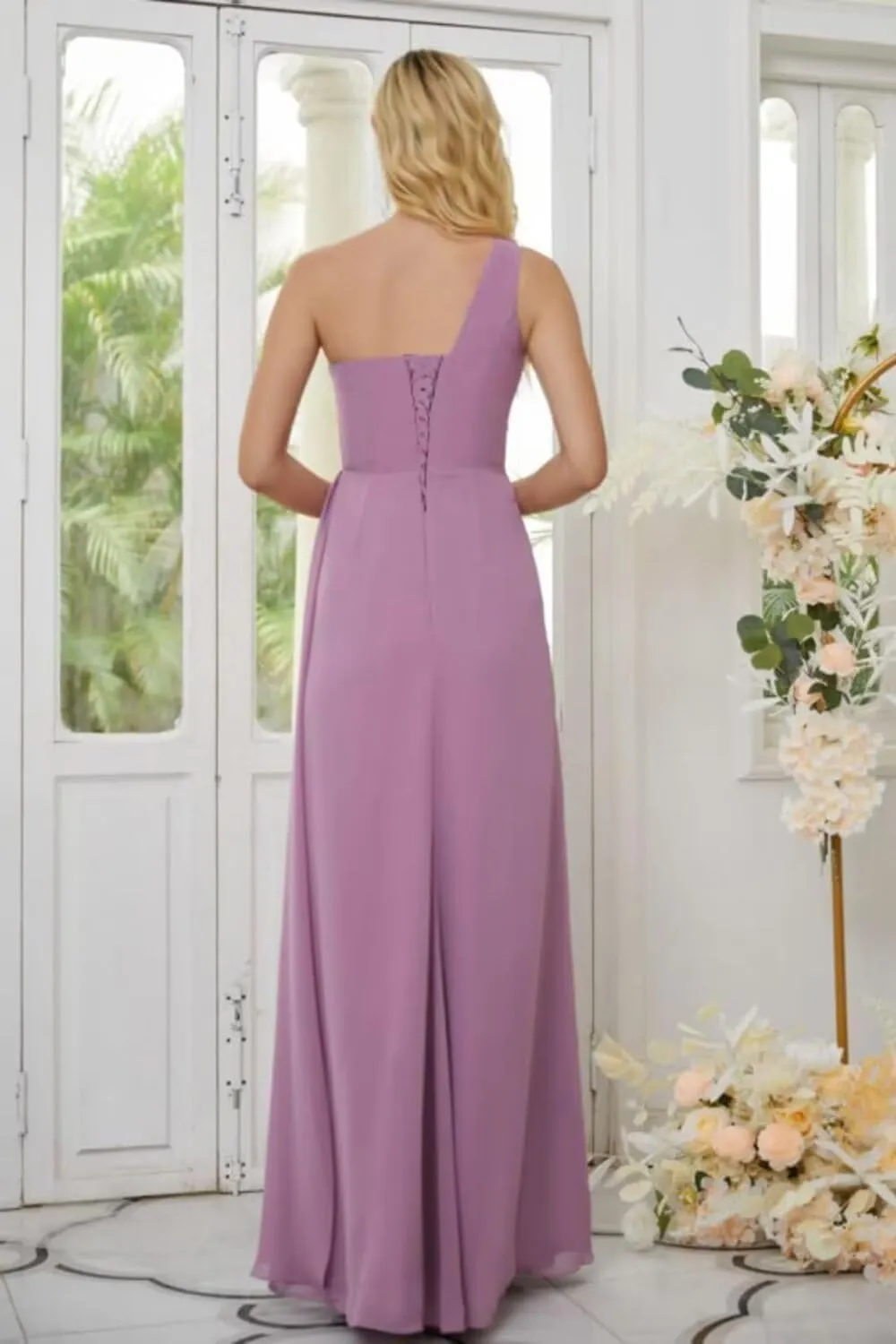 IKMNN One Shoulder Long Bridesmaid Dresses for Women Slit A Line Chiffon Formal Dress IK009