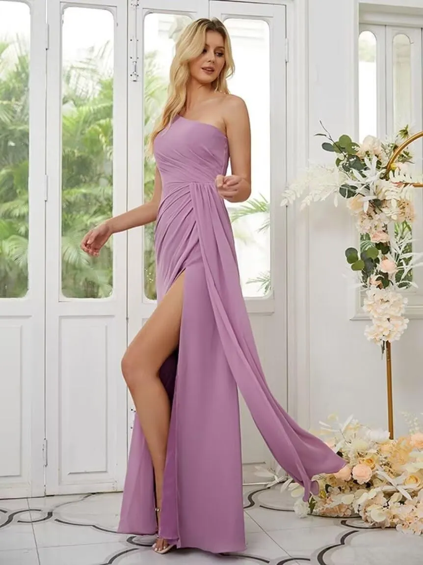 IKMNN One Shoulder Long Bridesmaid Dresses for Women Slit A Line Chiffon Formal Dress IK009